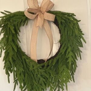 Elegant Green Holiday Wreath with Burlap Bow